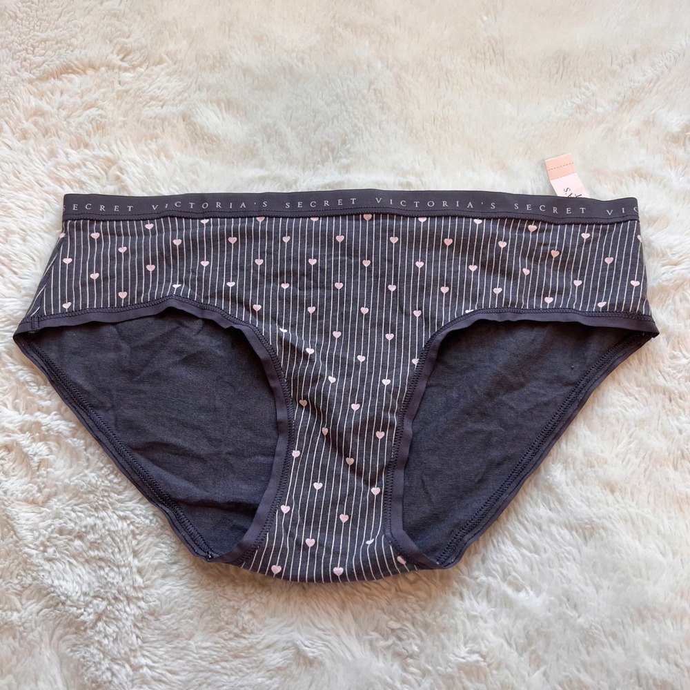 Victoria's Secret Hiphugger Panties Gray Pink Hearts Stripes Logo Waistband S/P.
